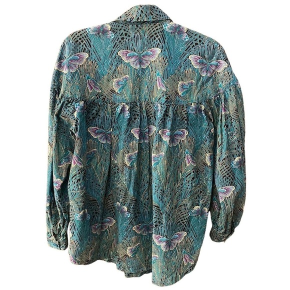 Vintage butterfly bubble sleeve button up casual blouse shirt top large 12 80s - Picture 2 of 8